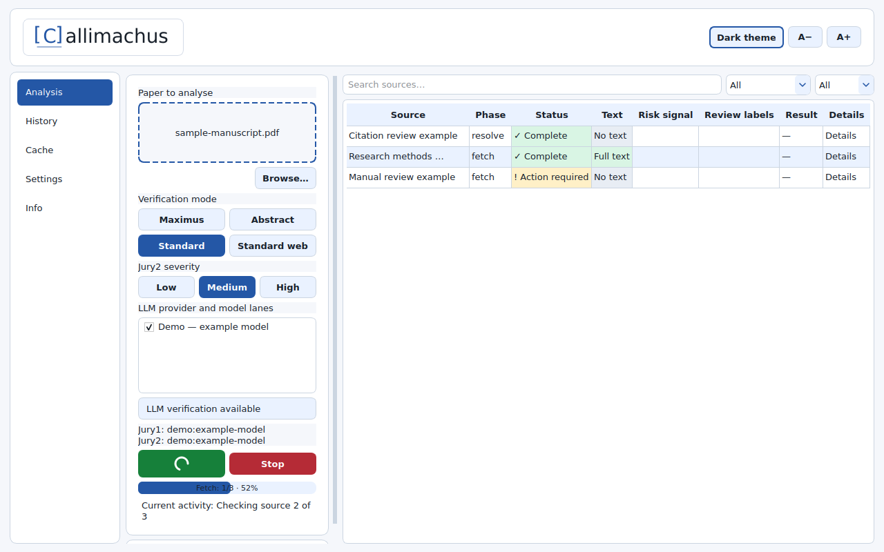 Callimachus desktop interface showing manuscript selection and source-by-source analysis